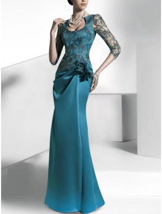 Sheath / Column Mother of the Bride Dress Party Elegant Scoop Neck Floor Length Satin Lace Half Sleeve with Appliques Ruching