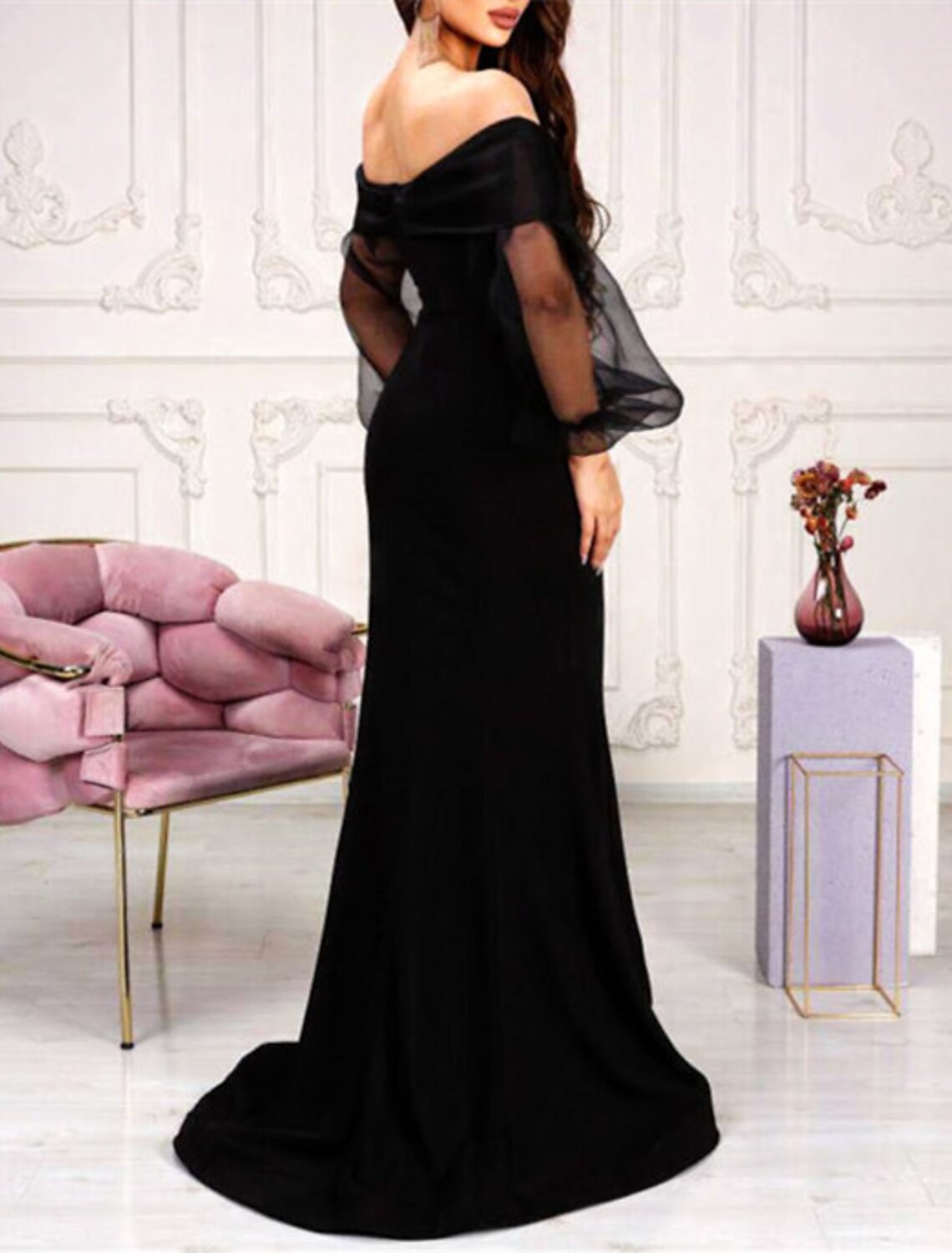 Mermaid Black Dress Plus Size Evening Gown Gothic Dress Wedding Cocktail Party Sweep / Brush Train Long Sleeve Off Shoulder Stretch Fabric with Pleats