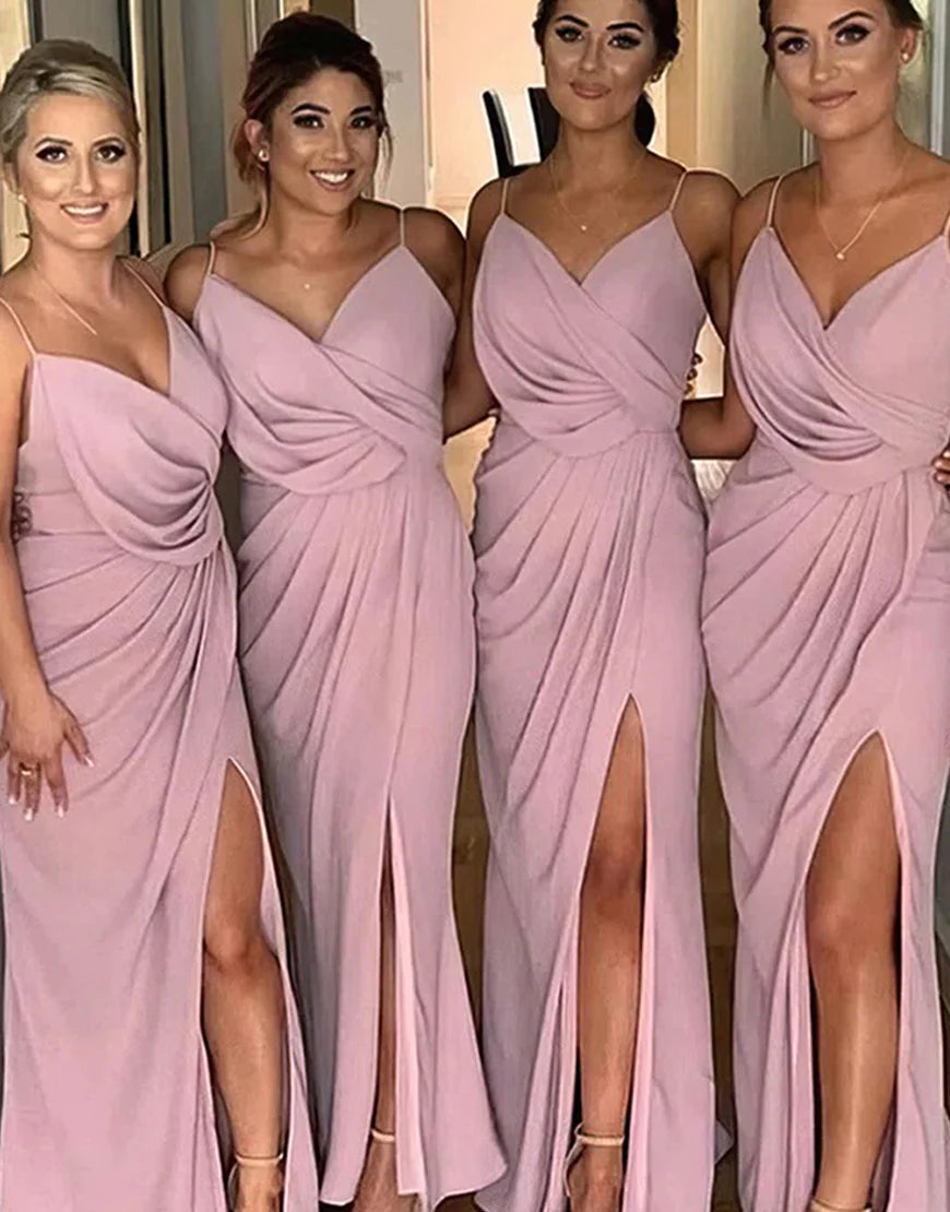 Blush Spaghetti Straps Chiffon Bridesmaid Dress With Split