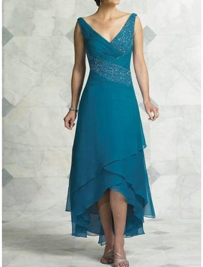 A-Line Mother of the Bride Dress Sexy High Low V Neck Asymmetrical Chiffon Satin Sleeveless with Beading Tier