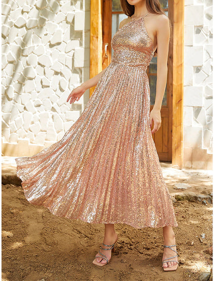 Women's Sequin Dress Rose Gold Dress Party Dress Sparkly Dress Cocktail Dress Midi Dress Champagne Sleeveless Sparkly Glitter Spring Fall Winter Halter Neck Fashion