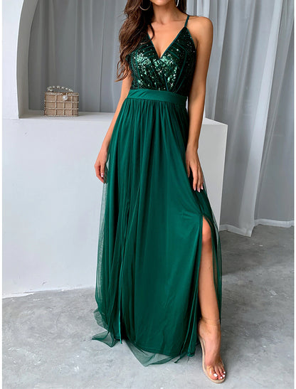 Women's Sequin Dress Party Dress Cocktail Dress Long Dress Maxi Dress Champagne Wine Green Sleeveless Plain Sequins Spring Fall Winter Spaghetti Strap Party Winter Dress Wedding Guest Birthday