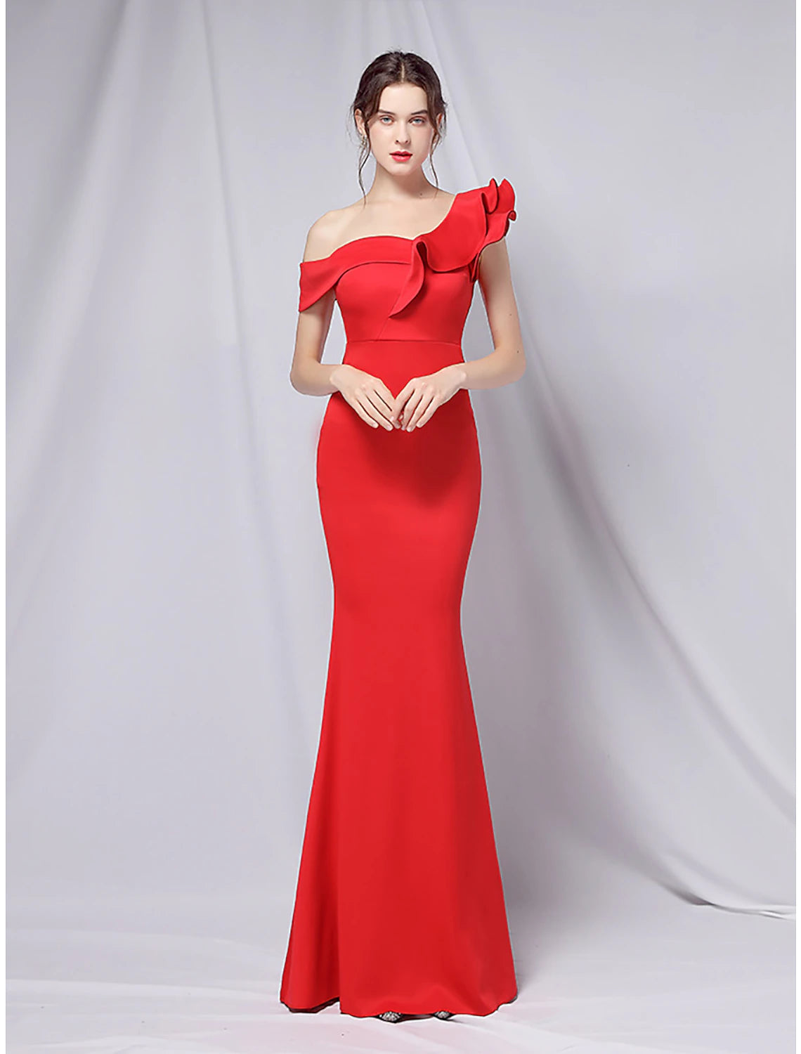 Mermaid Party Dress Evening Gown Empire Dress Wedding Guest Formal Evening Floor Length Short Sleeve One Shoulder Stretch Satin with Ruffles