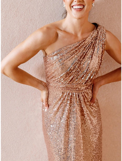 A-Line Bridesmaid Dress One Shoulder Sleeveless Glitter & Sparkle Sweep / Brush Train Sequined with Ruching