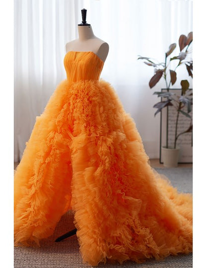 Orange Ruffled High Low Puffy Prom Dress Ball Gown