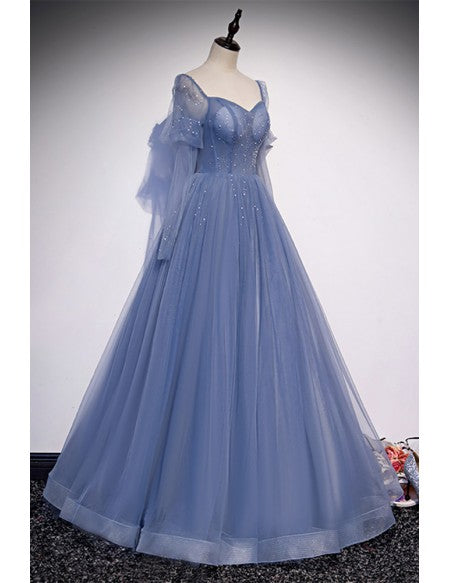 Gorgeous Formal Long Tulle Blue Prom Dress with Sleeves