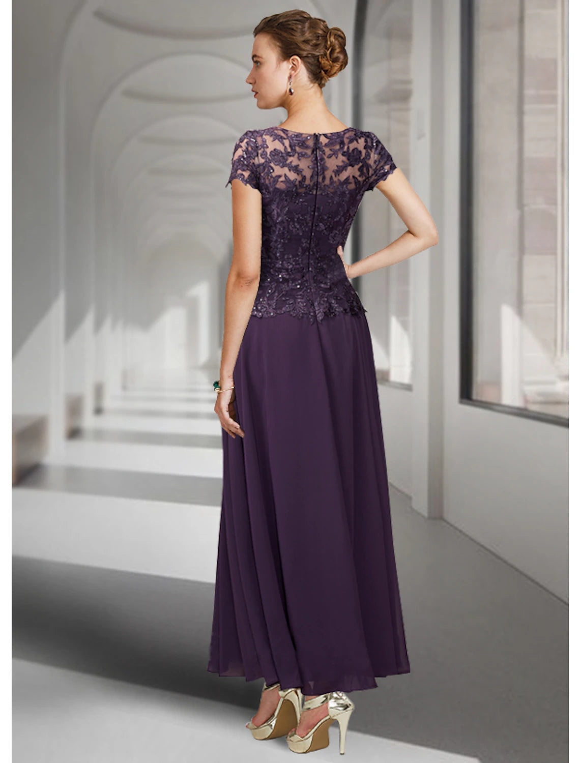 A-Line Mother of the Bride Dress Elegant Jewel Neck Ankle Length Chiffon Lace Short Sleeve with Pleats Appliques