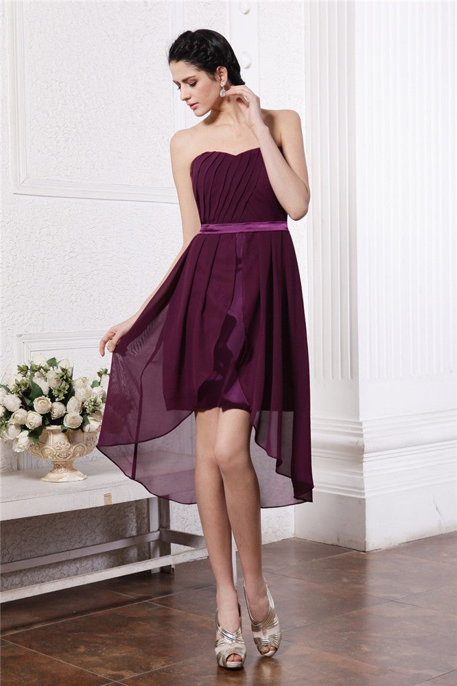 Sheath/Column Strapless Sleeveless Sash Pleats High Low Chiffon Cocktail Dresses