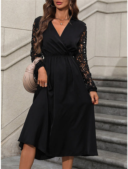 Women's Black Dress Party Dress Lace Dress Midi Dress Black Long Sleeve Plain Lace Summer Spring Fall V Neck Elegant Wedding Guest Vacation Spring Dress