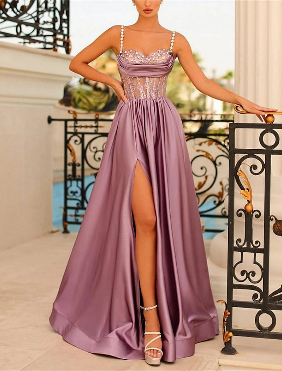 A-Line Evening Gown Backless Dress Formal Wedding Guest Sweep / Brush Train Sleeveless Spaghetti Strap Bridesmaid Dress Satin Backless with Ruched Sequin Slit