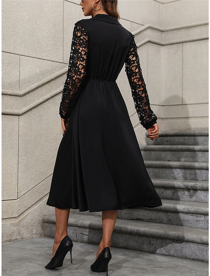 Women's Black Dress Party Dress Lace Dress Midi Dress Black Long Sleeve Plain Lace Summer Spring Fall V Neck Elegant Wedding Guest Vacation Spring Dress