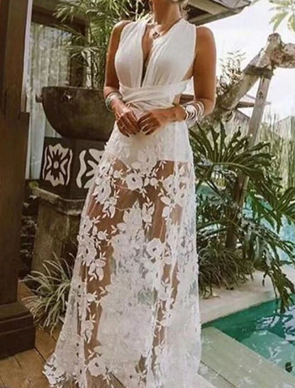 Women's Party Dress Lace Dress White Dress Long Dress Maxi Dress White Sleeveless Floral Lace Spring Summer V Neck Slim