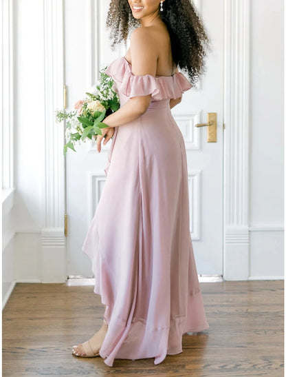 A-Line Bridesmaid Dress Off Shoulder Short Sleeve Elegant Asymmetrical Chiffon with Ruffles / Split Front / Ruching