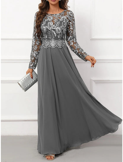 Women's Prom Dress Party Dress Lace Dress Long Dress Maxi Dress Gray Long Sleeve Pure Color Lace Spring Fall Winter Crew Neck Fashion Wedding Guest Evening Party