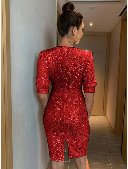 Women's Silver Sequin Dress Party Dress Sparkly Dress Homecoming Dress Silver Black Long Sleeve Solid Color Summer Spring Fall V Neck Fashion Winter Dress