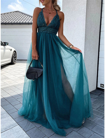 Women's Prom Dress Party Dress Lace Dress Long Dress Maxi Dress Pink Green Sleeveless Pure Color Lace Summer Spring Fall Spaghetti Strap Fashion Birthday Evening Party Wedding Guest