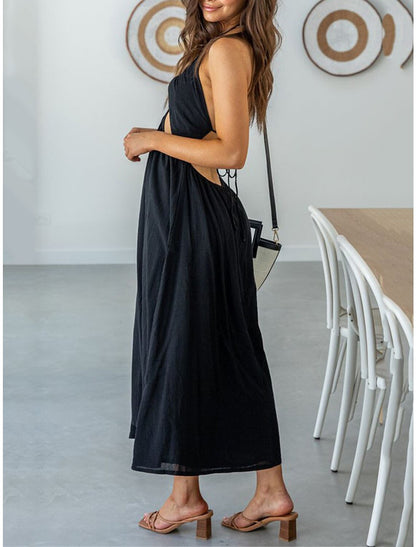 Women's Vintage Dress Party Dress Cocktail Dress Midi Dress Black Sleeveless Plain Backless Summer Spring Fall Spaghetti Strap Elegant Wedding Guest Vacation Spring Dress