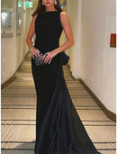 A-Line Evening Gown Elegant Dress Formal Court Train Black Dress Sleeveless Jewel Neck Satin with Bow(s) Pleats