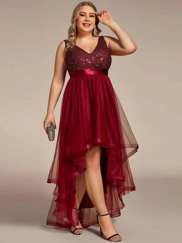 Plus Size Sleeveless Sequin Ribbon Waist Tulle High Low Evening Dress