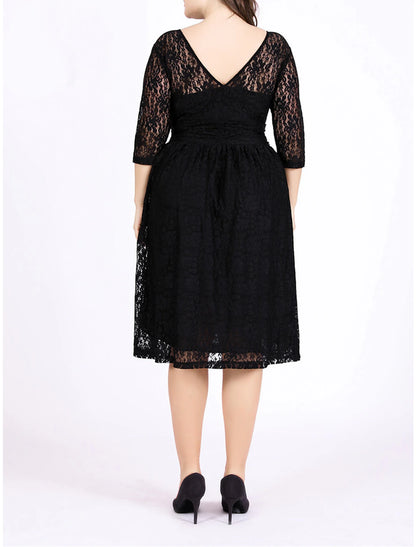 Women's Plus Size Curve Black Dress Party Dress Lace Dress Solid Color Midi Dress 3/4 Length Sleeve Lace V Neck Elegant Party Black Spring