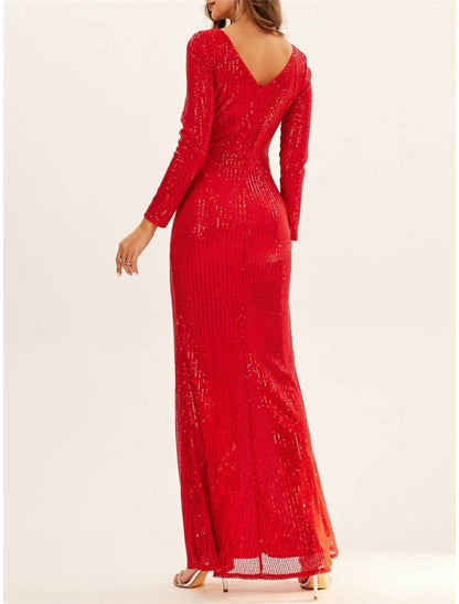 Women's Sequin Dress Prom Dress Party Dress Sparkly Dress Cocktail Dress Long Dress Maxi Dress Champagne Red Blue Long Sleeve Fall Winter V Neck Fashion Winter Dress