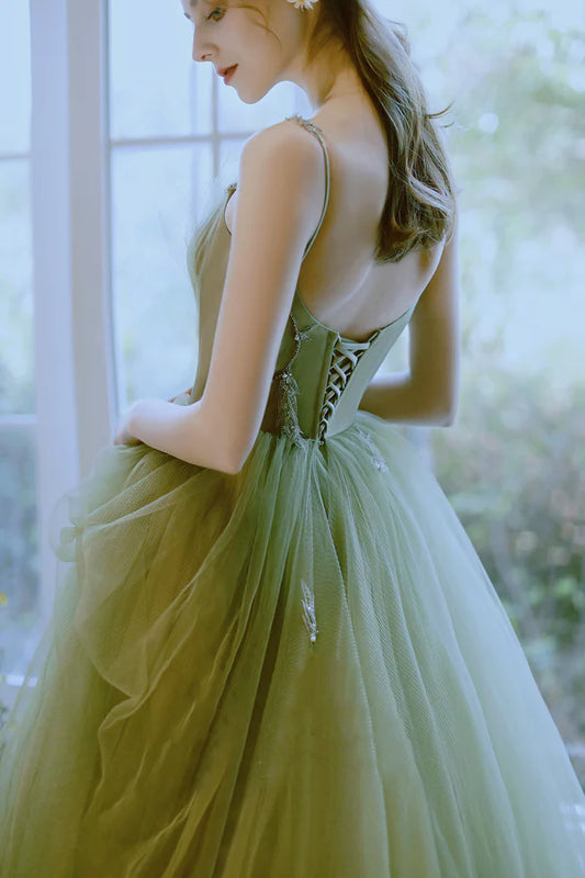 Green Tulle Long A-Line Prom Dress Green Spaghetti Strap Evening Dress