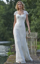 Buyishang Floor-Length Square Cap-Sleeve Appliqued Lace Wedding Dress