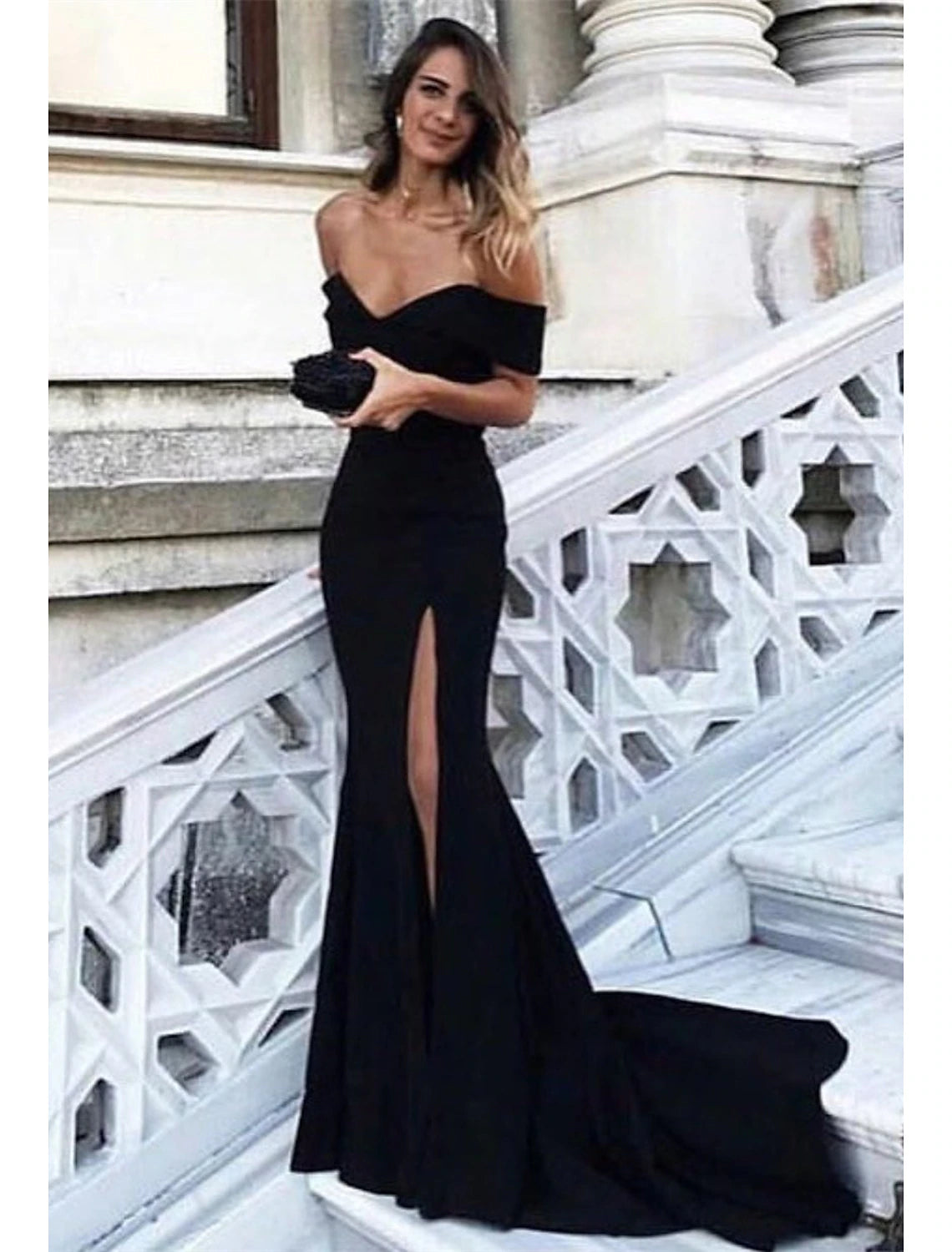 Sheath / Column Elegant Prom Formal Evening Dress Off Shoulder Sleeveless Court Train Spandex with Slit