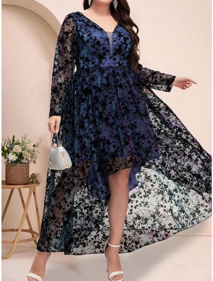 A-Line Plus Size Curve Mother of the Bride Dress Wedding Guest Plus Size Elegant V Neck Asymmetrical Ankle Length Lace Long Sleeve with Pleats