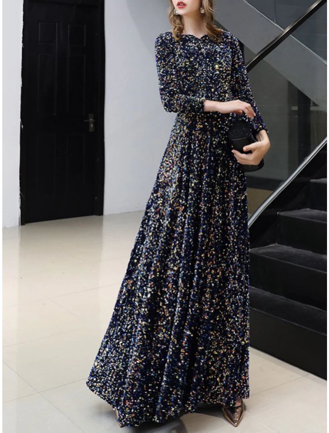 Sheath / Column Mother of the Bride Dress Wedding Guest Elegant Sparkle & Shine Petite Jewel Neck Floor Length Sequined 3/4 Length Sleeve with Pleats