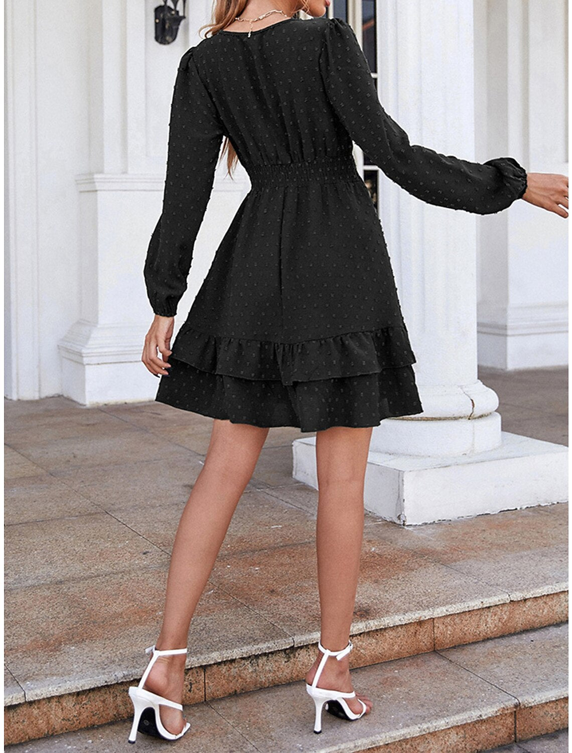 Women's Black Dress Party Dress Cocktail Dress Mini Dress Black White Pink Long Sleeve Plain Ruched Summer Spring Fall V Neck Elegant Wedding Guest Vacation Spring Dress