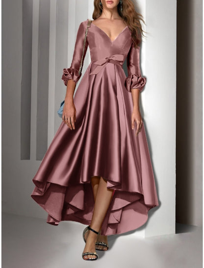 A-Line Cocktail Dresses Party Dress Wedding Guest Birthday Asymmetrical 3/4 Length Sleeve V Neck Satin with Bow(s) Pleats