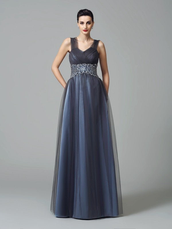 A-Line/Princess Straps Beading Sleeveless Long Net Mother of the Bride Dresses