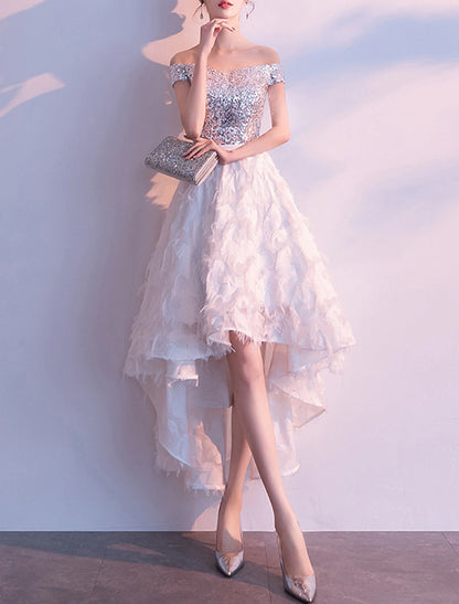 A-Line Cocktail Dresses Party Dress Homecoming Cocktail Party Asymmetrical Short Sleeve Off Shoulder Tulle with Feather Sequin