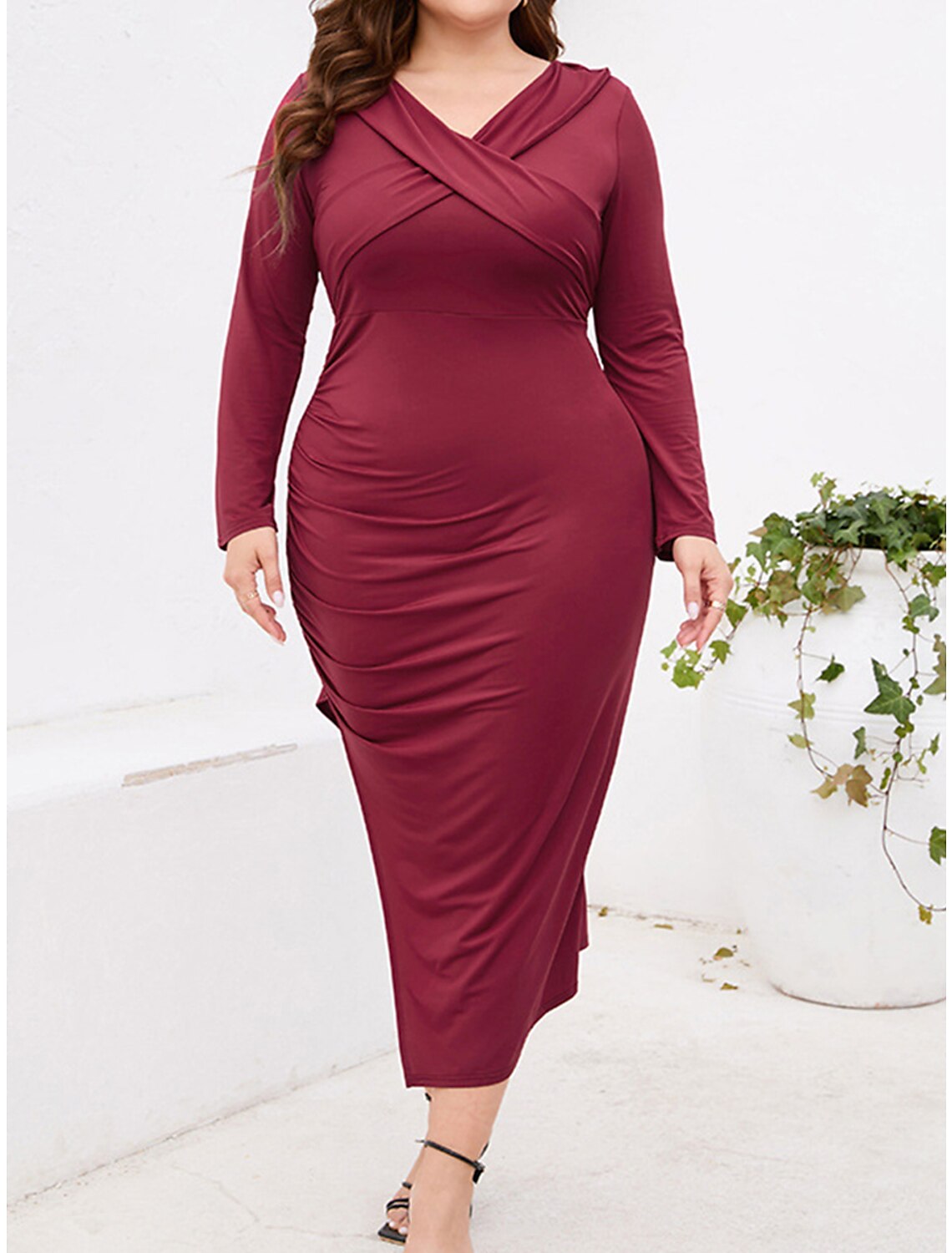 Women‘s Black Dress Cocktail Dress Plus Size Curve Party Dress Bodycon Midi Dress Wine Purple Long Sleeve Ruched Spring Fall Winter V Neck Fashion Winter Dress Birthday