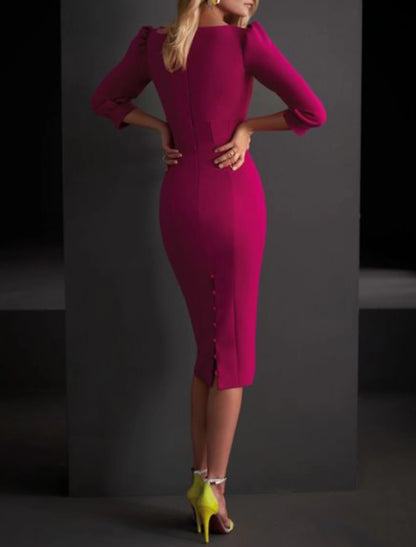 Sheath / Column Mother of the Bride Dress Elegant V Neck Knee Length Satin 3/4 Length Sleeve with Buttons