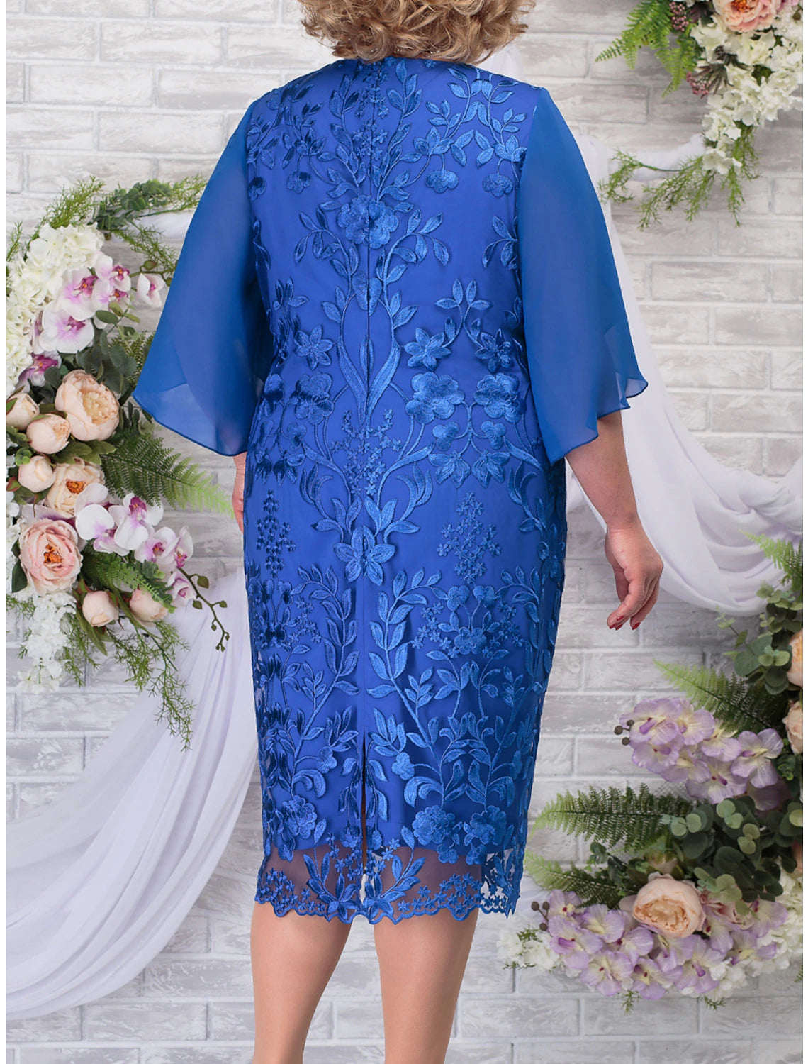 Women's Plus Size Curve Party Dress Lace Dress Cocktail Dress Midi Dress Blue 3/4 Length Sleeve Leaf Lace Summer Spring Fall Crew Neck Fashion Wedding Guest