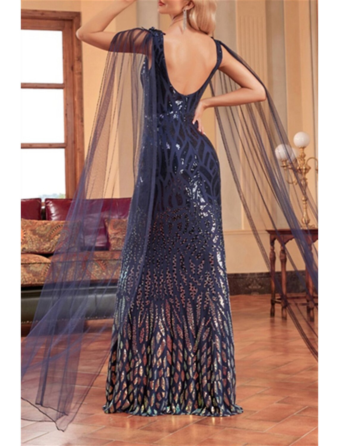 Mermaid / Trumpet Mother of the Bride Dress Wedding Guest Party Sparkle & Shine Bateau Neck Floor Length Tulle Sequined Sleeveless with Sequin Draping