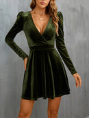 Women‘s Wedding Guest Dress Green Velvet Casual V Neck Ruched Dress Homecoming Dress Party Dress Dress Wine Army Green Black Long Sleeve Pure Color Winter Fall Dress