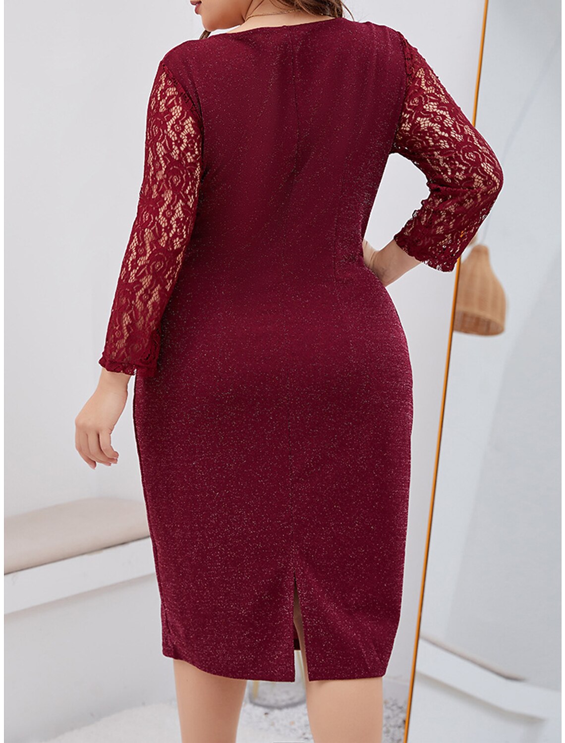 Women's Plus Size Party Dress Lace Dress Cocktail Dress Midi Dress Wine Long Sleeve Plain Lace Summer Spring Fall Crew Neck Elegant Wedding Guest Birthday Vacation