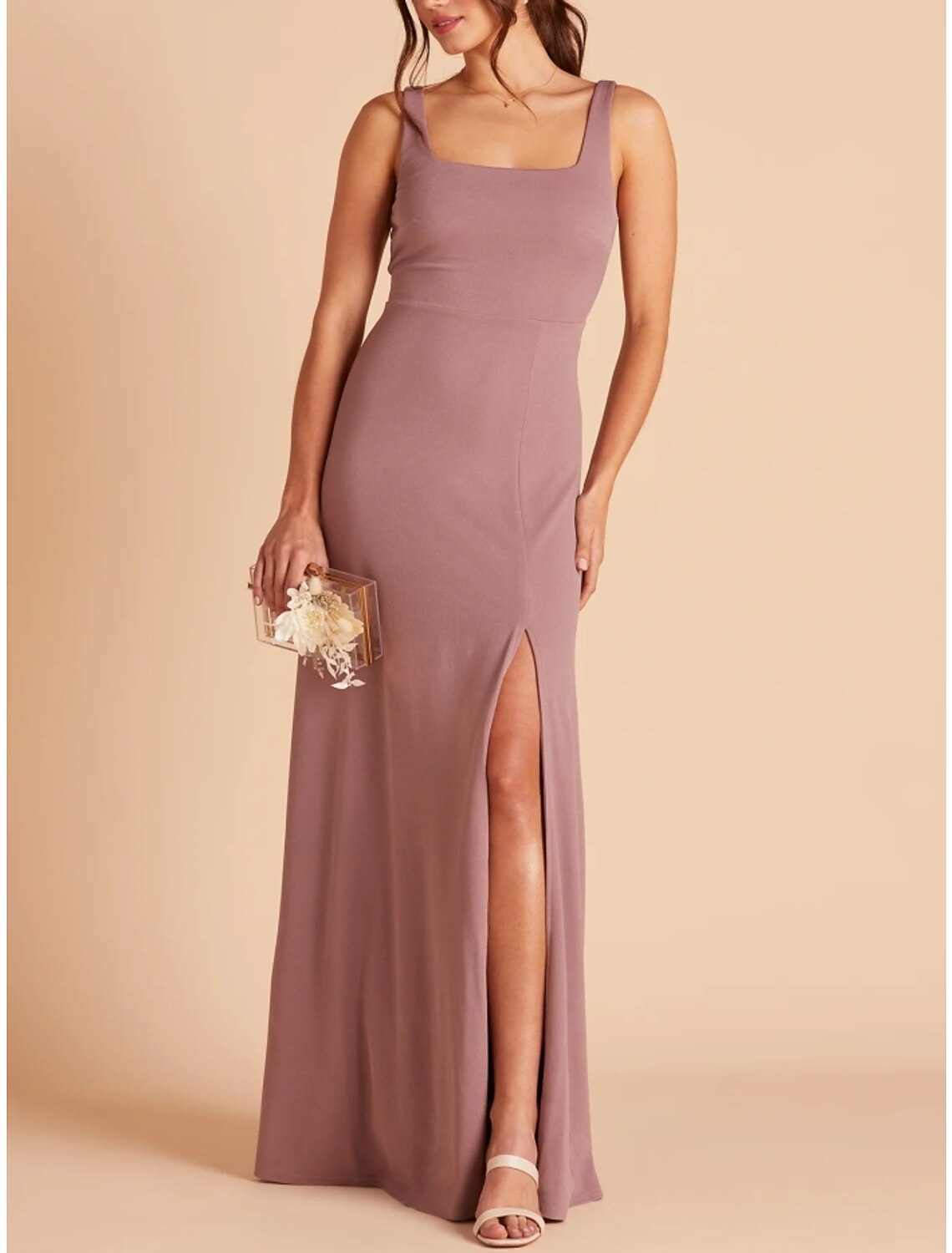 Sheath / Column Bridesmaid Dress Square Neck Sleeveless Pink Floor Length Stretch Chiffon with Split Front / Ruching