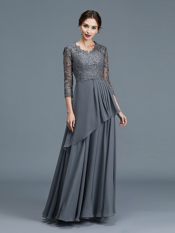 A-Line/Princess V-neck 3/4 Sleeves Ruffles Chiffon Floor-Length Mother of the Bride Dresses