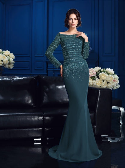 Sheath/Column Off-the-Shoulder Beading Long Sleeves Long Chiffon Mother of the Bride Dresses