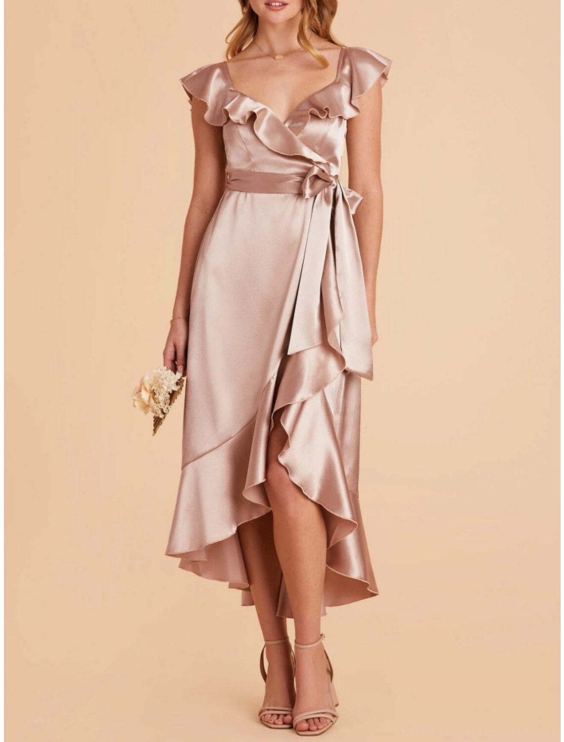 A-Line Bridesmaid Dress V Neck Short Sleeve Pink Asymmetrical Stretch Satin with Sash / Ribbon / Ruffles / Split Front