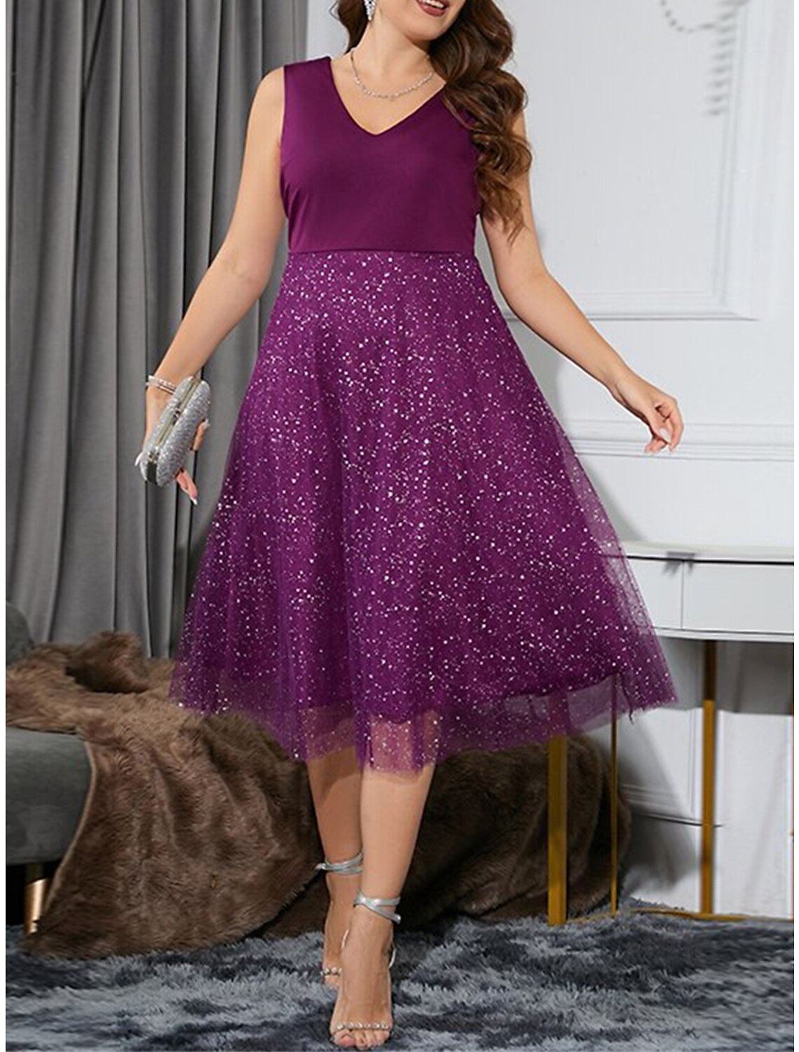 Women's Plus Size Curve Party Dress Cocktail Dress Wedding Guest Dress Midi Dress Dark Green Purple Sleeveless Polka Dot Mesh Spring Fall Winter V Neck Fashion Birthday Wedding Guest Vacation