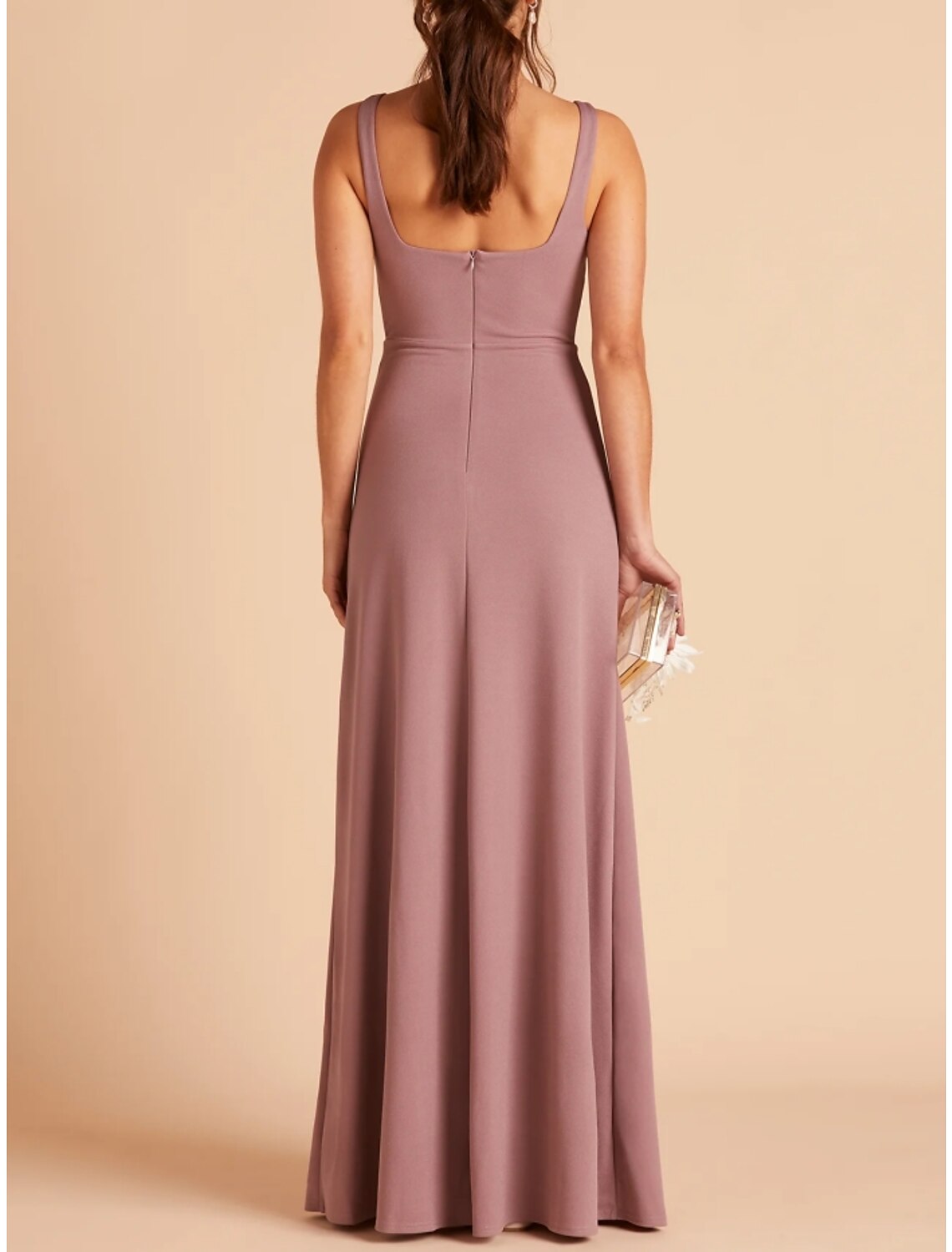 Sheath / Column Bridesmaid Dress Square Neck Sleeveless Pink Floor Length Stretch Chiffon with Split Front / Ruching