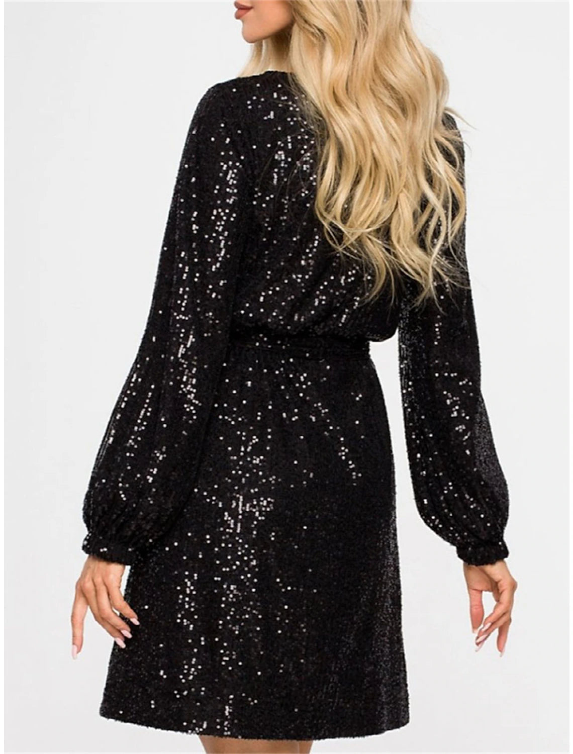 Women's Black Sequin Dress Party Dress Sparkly Dress Homecoming Dress Cocktail Dress Midi Dress Black Champagne Long Sleeve Sparkly Glitter Lace up Fall Winter Crew Neck Wedding Guest