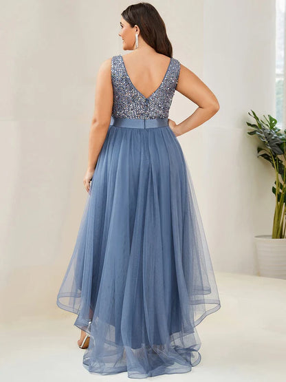 Plus Size Sleeveless Sequin Ribbon Waist Tulle High Low Evening Dress