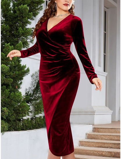 Women's Plus Size Red Chirstmas Dress Party Dress Velvet Dress Cocktail Dress Midi Dress Black Wine Dark Green Long Sleeve Pure Color Ruched Spring Fall Winter V Neck Winter Dress Wedding Guest