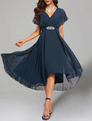 A-Line Wedding Guest Dresses Elegant Dress Cocktail Party Church Tea Length Short Sleeve V Neck Belt / Sash Chiffon with Crystals